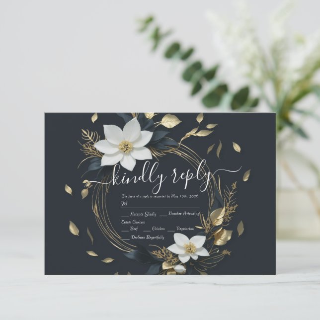Moderne Schwarz-weiße Goldblumenzeremonie RSVP Karte (Stehend Vorderseite)