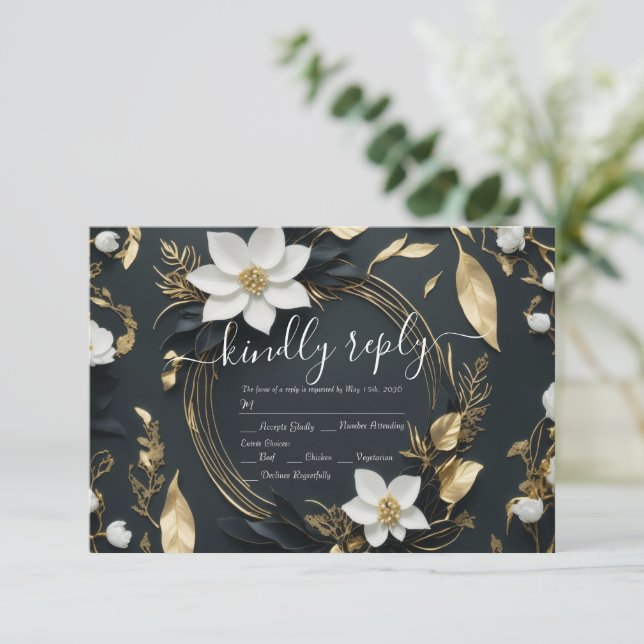 Moderne Schwarz-weiße Goldblumenzeremonie RSVP Karte (Stehend Vorderseite)