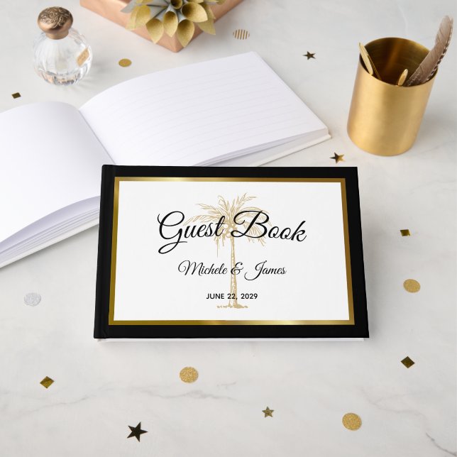 Moderne Schwarz-weiße Goldpalme Tropische Hochzeit Gästebuch (Vorderseite Offen)
