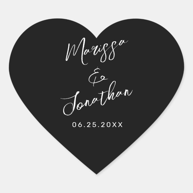 Moderne Schwarz-weiße handgeschriebene Hochzeit Herz-Aufkleber (Vorderseite)