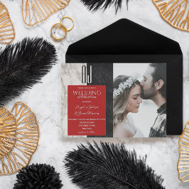 Moderne Schwarz-weiße Hochzeit des Roten Fotos Einladung