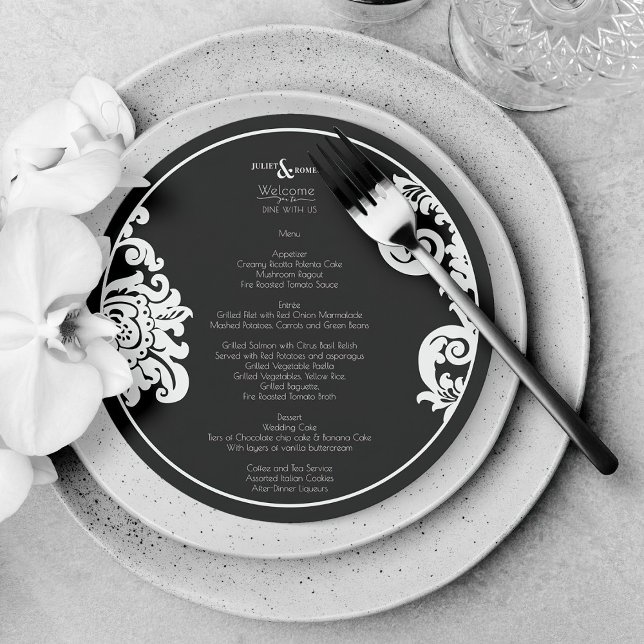 Moderne Schwarz-weiße Hochzeit mit floralen Damask Menükarte (elegant black and white floral damask round menu for wedding plate)