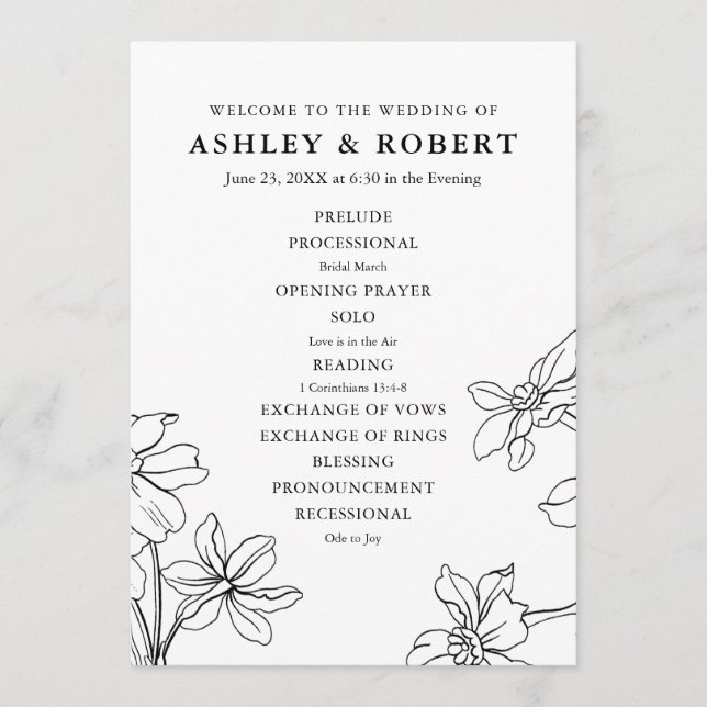 Moderne, schwarz-weiße Hochzeit Programm (Vorderseite)