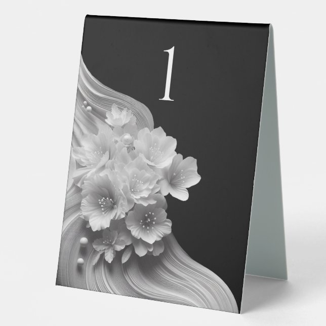 Moderne, schwarz-weiße Hochzeit Tischaufsteller (Vorderseite)