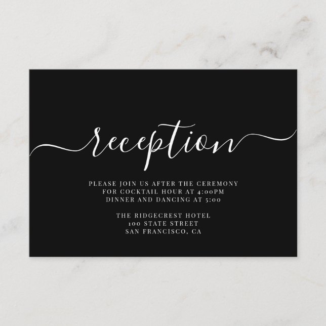 Moderne Schwarz-weiße Hochzeitsempfehlung Begleitkarte (Vorderseite)
