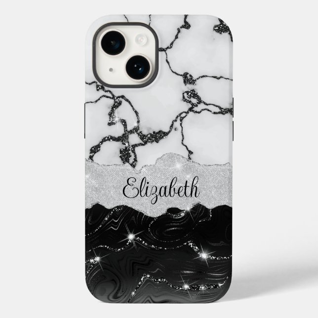 Moderne Schwarz-weiße Imitate aus Marmor Glitzer M Case-Mate iPhone 14 Hülle (Rückseite)