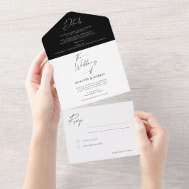 Moderne Schwarz-weiße Kalligrafie All In One Einladung