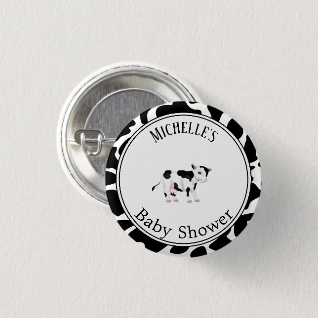 Moderne Schwarz-weiße Kuh Print Baby Dusche Button (Vorne & Hinten)