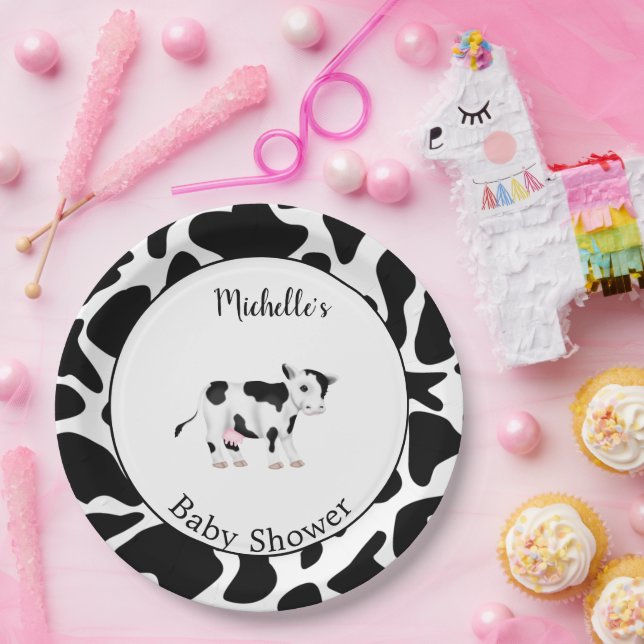 Moderne Schwarz-weiße Kuh Print Baby Dusche Pappteller (Party)