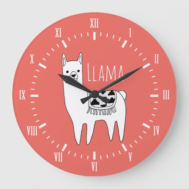 Moderne schwarz-weiße Lama Sketch römische Zahlen Große Wanduhr (Vorderseite)