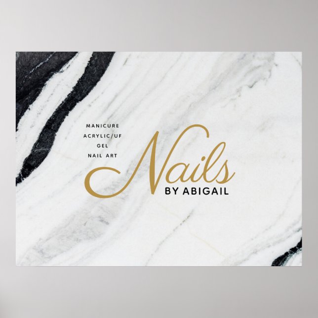 Moderne schwarz-weiße Marmor-Gold-Nägel nach "Name Poster (Vorne)