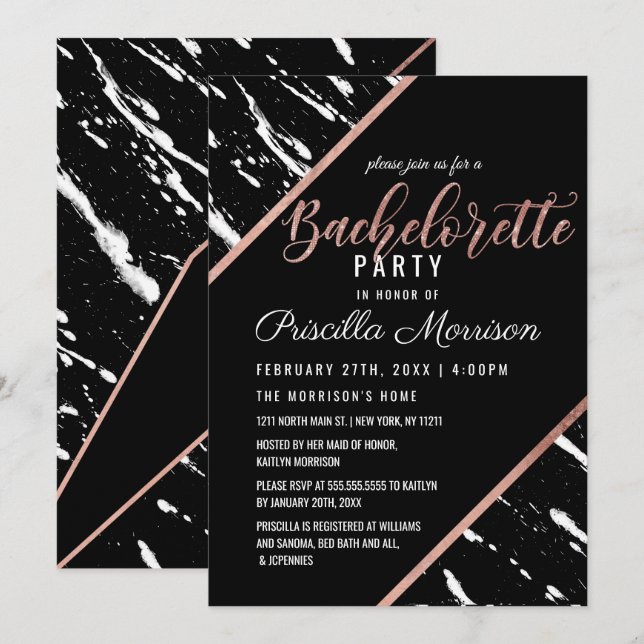 Moderne Schwarz-weiße Marmor-Rose Gold Bachelorett Einladung (Vorne/Hinten)