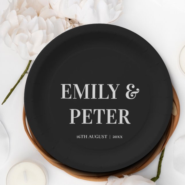 Moderne Schwarz-weiße Minimalistische Hochzeit Pappteller (Contemporary Modern Black White Minimalist Wedding Paper Plates)
