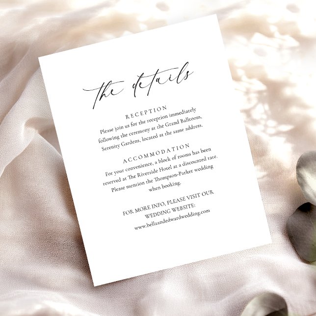 Moderne Schwarz-weiße Minimalistische Hochzeitdeta Begleitkarte (Von Creator hochgeladen)