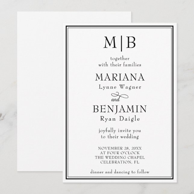 Moderne Schwarz-weiße Minimalistische Hochzeitsein Einladung (Vorne/Hinten)