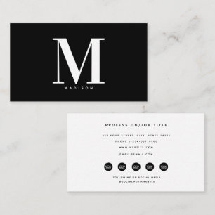 Moderne Schwarz-weiße Monogram Social Media Icons Visitenkarte