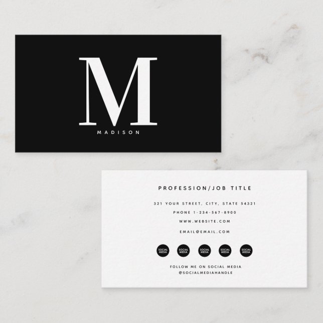 Moderne Schwarz-weiße Monogram Social Media Icons Visitenkarte (Vorne/Hinten)
