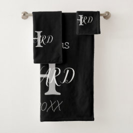 Moderne Schwarz-weiße Monogramm Name Newlyweds Badhandtuch Set