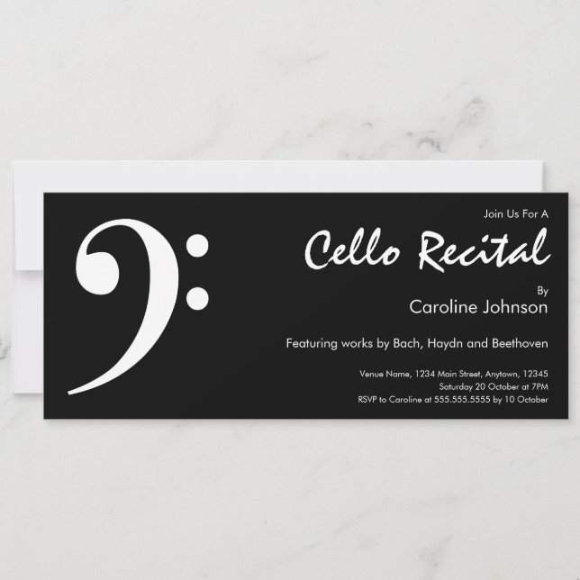 Moderne Schwarz-weiße Musik Cello Konzert-Erwägung Einladung (Vorderseite)