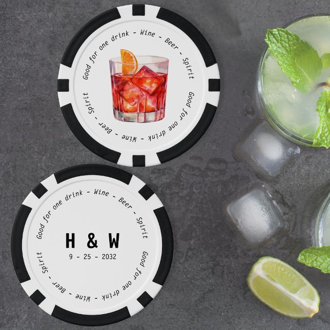 Moderne Schwarz-weiße Negroni Drink Voucher Hochze Pokerchips (Modern Black White Negroni Drink Voucher Wedding Poker Chips)