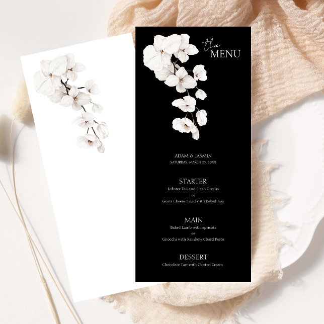 Moderne Schwarz-weiße Orchids Blumenkarte (Modern Black and White Orchids Flowers Wedding Menu )