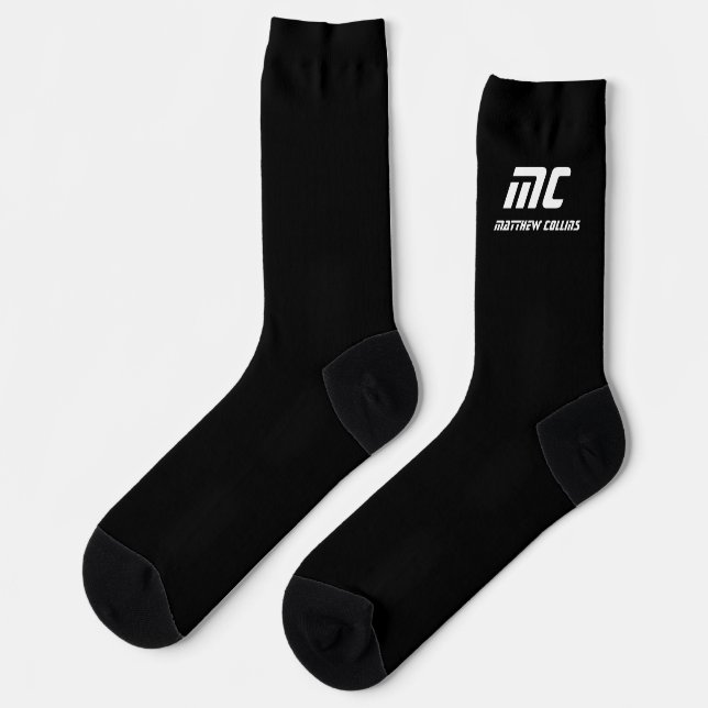 Moderne schwarz-weiße personalisierte Monogramm Socken (Linkes Detail)