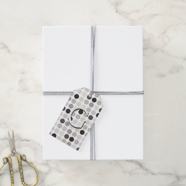 Moderne Schwarz-weiße Polka-Punkte-Mustermonogramm Geschenkanhänger (Mit Garn)