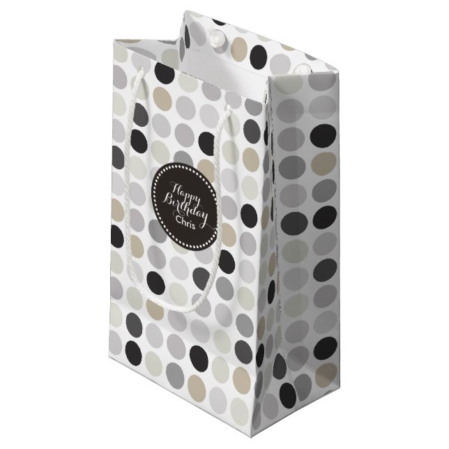 Moderne Schwarz-weiße Polka-Punkte-Mustermonogramm Kleine Geschenktüte (Vorderseite Schrägansicht)