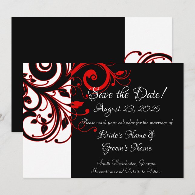Moderne Schwarz-weiße Rotwirbel-Hochzeit retten da Save The Date (Vorne/Hinten)