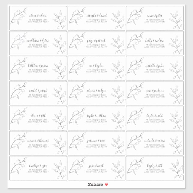 Moderne Schwarz-weiße Script Botanische Gastadress Aufkleber (Blatt)