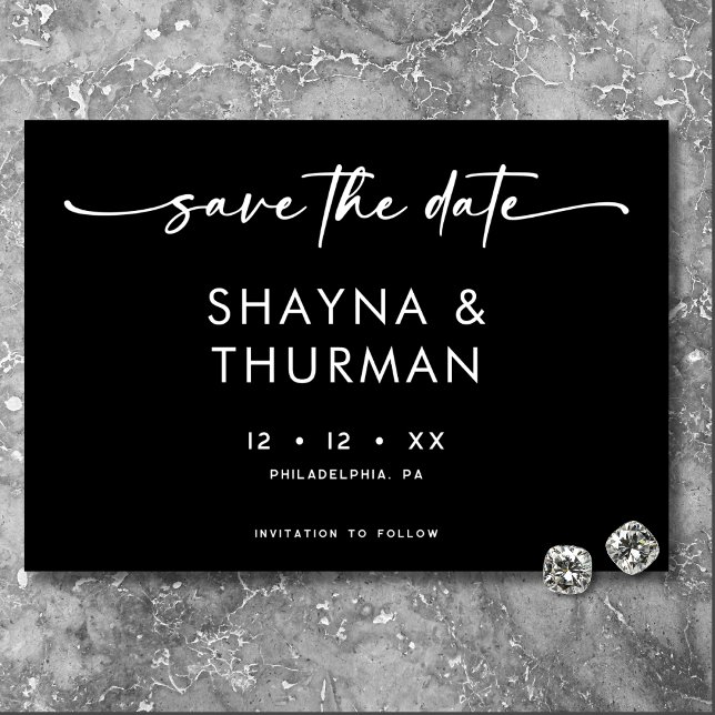 Moderne Schwarz-weiße Script-Minimal-Hochzeit Save The Date (Von Creator hochgeladen)