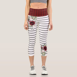 Moderne Schwarz-weiße Streifen Burgunder Blumenmus Capri Leggings