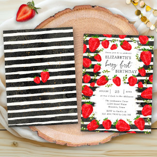 Moderne Schwarz-weiße Streifen Erdbeere 1. Geburts Einladung