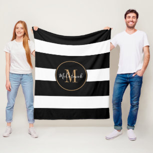 Moderne Schwarz-weiße Streifen Gold Monogrammiern Fleecedecke