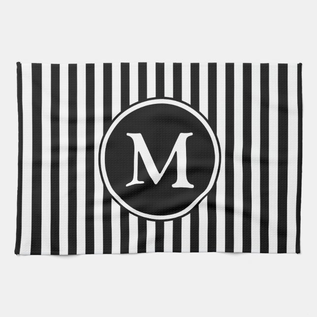 Moderne, schwarz-weiße Streifen in Monogramm Handtuch (Horizontal)
