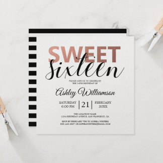 Moderne Schwarz-weiße Streifen Rosa Sweet 16 Einladung