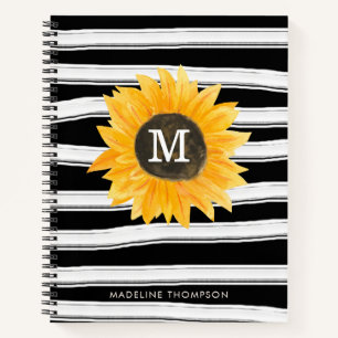 Moderne Schwarz-weiße Streifen Sonnenblumenmonogra Notizbuch