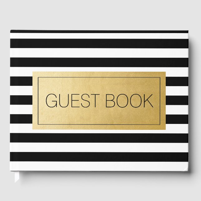 Moderne Schwarz-weiße Stripe Hochzeit zum Geburtst Gästebuch (Vorderseite)