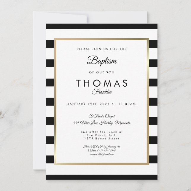 Moderne Schwarz-weiße Stripe Taufe Christening Einladung (Vorderseite)