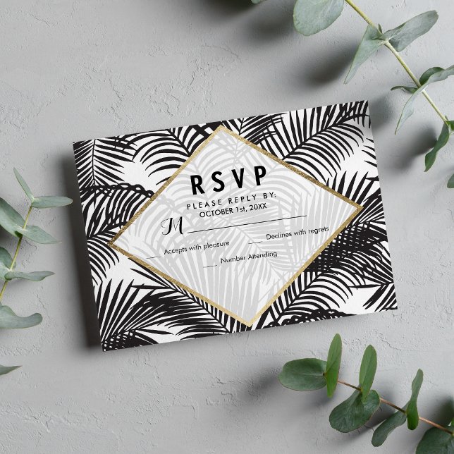 Moderne Schwarz-weiße tropische RSVP-Karten RSVP Karte (Modern black white gold tropical floral RSVP)