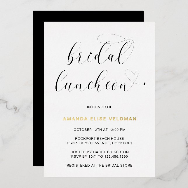 Moderne Schwarz-weiße Typografie Bridal Luncheon G Folieneinladung (Vorderseite/Rückseite)