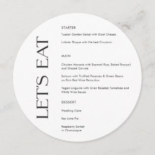 Moderne Schwarz-weiße Typografie Essen wir Hochzei Menükarte