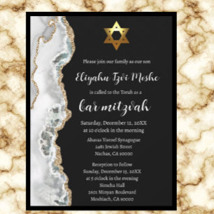 Moderne Schwarz-weiße und goldene Bar Mitzvah Einladung