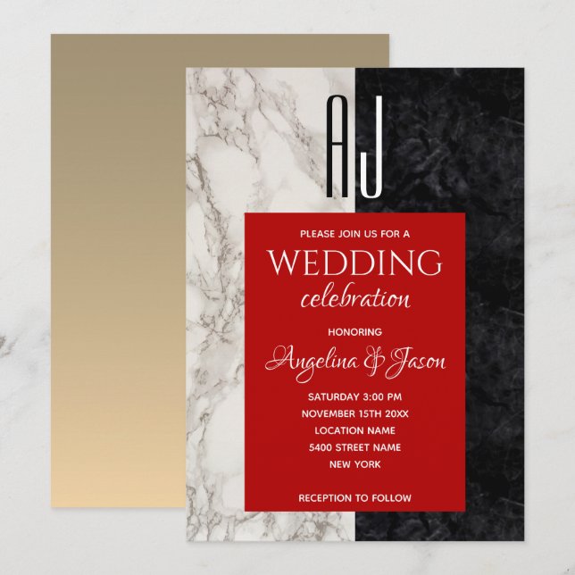 Moderne Schwarz-weiße und rote Hochzeit Einladung (Vorne/Hinten)