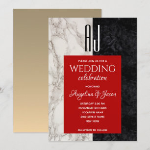 Moderne Schwarz-weiße und rote Hochzeit Einladung