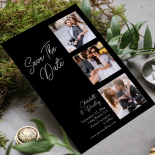 Moderne schwarz-weiße Vier-Foto-Hochzeit Save The Date