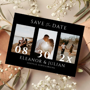 Moderne schwarze 3-Foto-Filmstreifen-Save-the-Date Magneteinladung