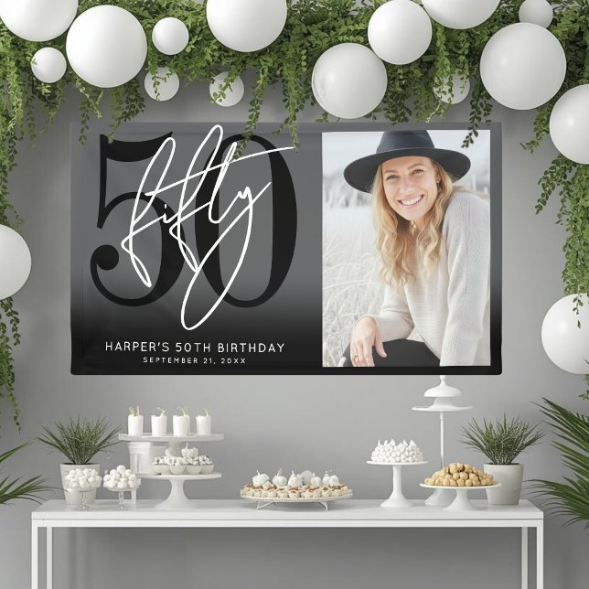 Moderne schwarze 50. Geburtstagsfeier Banner (Modern Black 50th Birthday Party Banner)