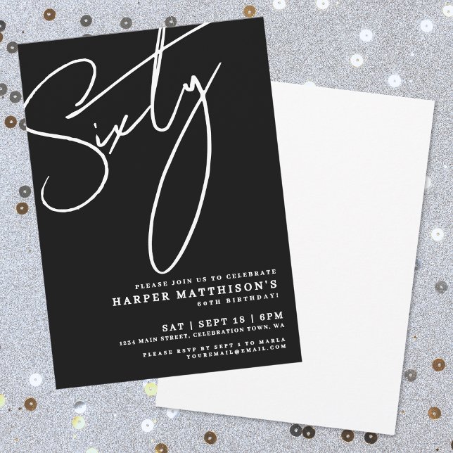 Moderne schwarze 60. Geburtstagsfeier Einladung (Modern Black 60th Birthday Party Invitation)