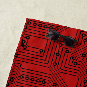 Moderne schwarze auf dunkelroter Computer-Schaltpl Strandtuch